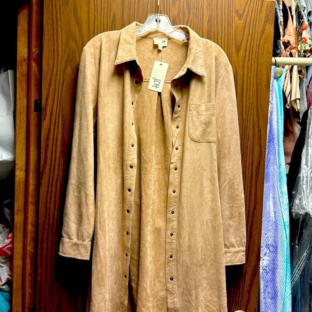 Camel color, light weight faux suede trench